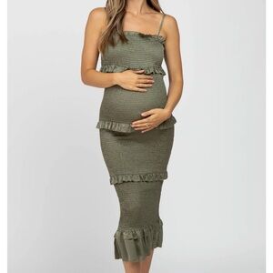 Pink Blush Olive Satin Smocked Fitted Maternity Midi Dress